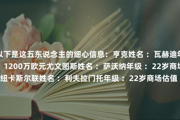 以下是这五东说念主的细心信息：亨克姓名 ：瓦赫迪年级 ：23岁商场估值 ：1200万欧元尤文图斯姓名 ：萨沃纳年级 ：22岁商场估值 ：1400万欧元纽卡斯尔联姓名 ：利夫拉门托年级 ：22岁商场估值 ：3500万欧元利物浦姓名 ：布拉德利年级 ：21岁商场估值 ：2500万欧元费耶诺德姓名 ：吉瓦罗-雷德年级 ：18岁商场估值 ：1200万欧元    世界买球赛体育信息